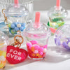 5 Piece Bundle Liquid Filled Kawaii Keychain with Charm & Heart Clasp Large Cup Measures 2 1/3"