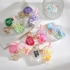 5 Piece Bundle Liquid Filled Kawaii Keychain with Charm & Heart Clasp Large Cup Measures 2 1/3"