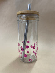 PINK Cute Glass Mason Jar Boba Cup with Bamboo Lid and Eco Straw