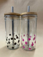 2 Cup Set Cute Glass Mason Jar Boba Cups Set with Bamboo Lids and Eco Straws