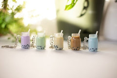 Set of 5 Boba / Bubble Tea Mason Jar Mug Kawaii Keychains / Keyrings by: Buddha Bubbles Boba