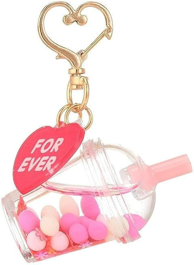 BABY PINK / Large Liquid Filled Kawaii Keychain with Charm & Heart Clasp Large Cup Measures 2 1/3"