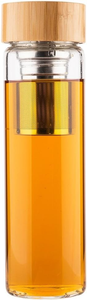 Tea Infuser Glass Water Bottle with Neoprene Sleeve and Bamboo Lid, Portable, To Go, Travel