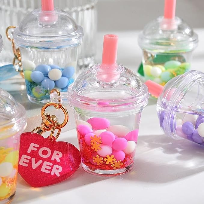 PINK / Large Liquid Filled Kawaii Keychain with Charm & Heart Clasp Large Cup Measures 2 1/3"