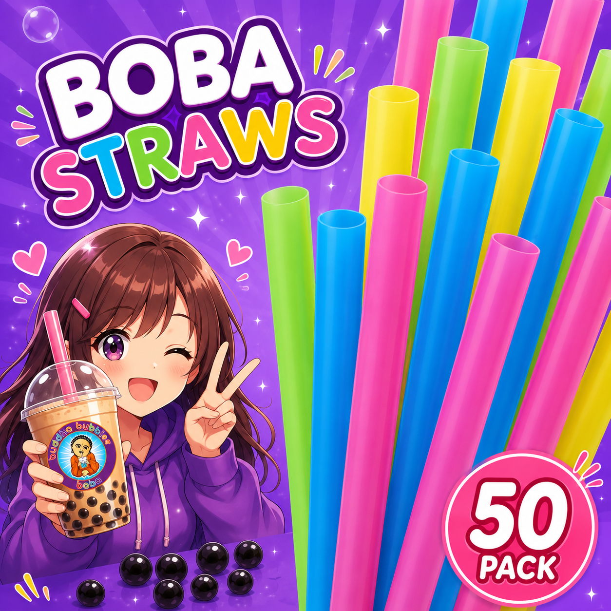 9" 50x Boba / Bubble Tea Fat Straw Solid Colors Mixed Individually Wrapped