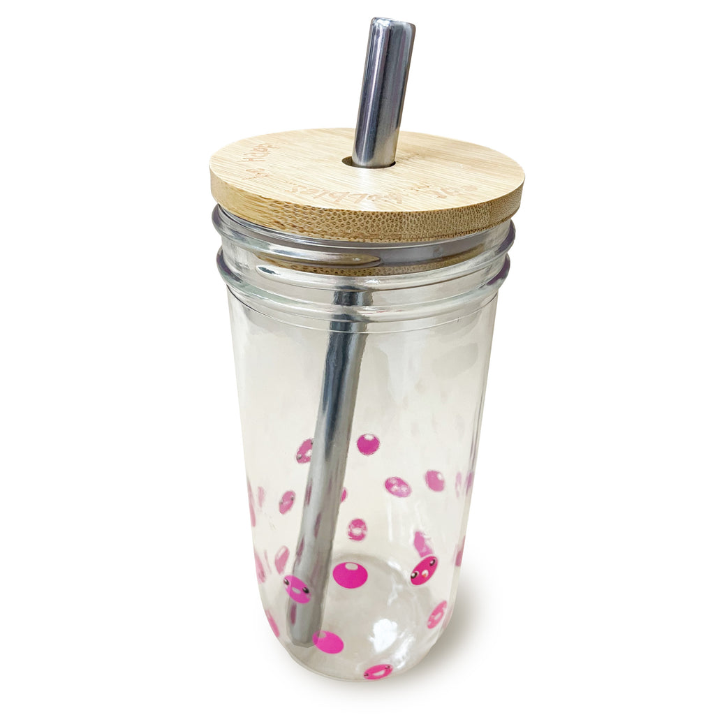 Bubble Glass Cup with Wooden Lid and Straw