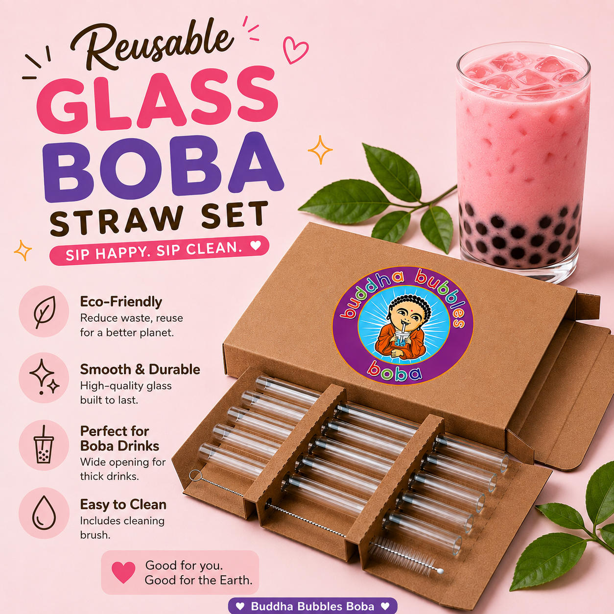 7 Piece Set of Reusable Glass Extra Wide/Boba Straws and Brush by Buddha Bubbles Boba