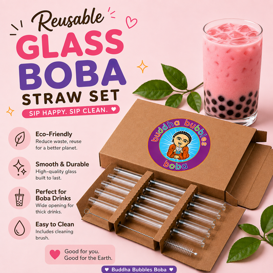 7 Piece Set of Reusable Glass Extra Wide/Boba Straws and Brush by Buddha Bubbles Boba