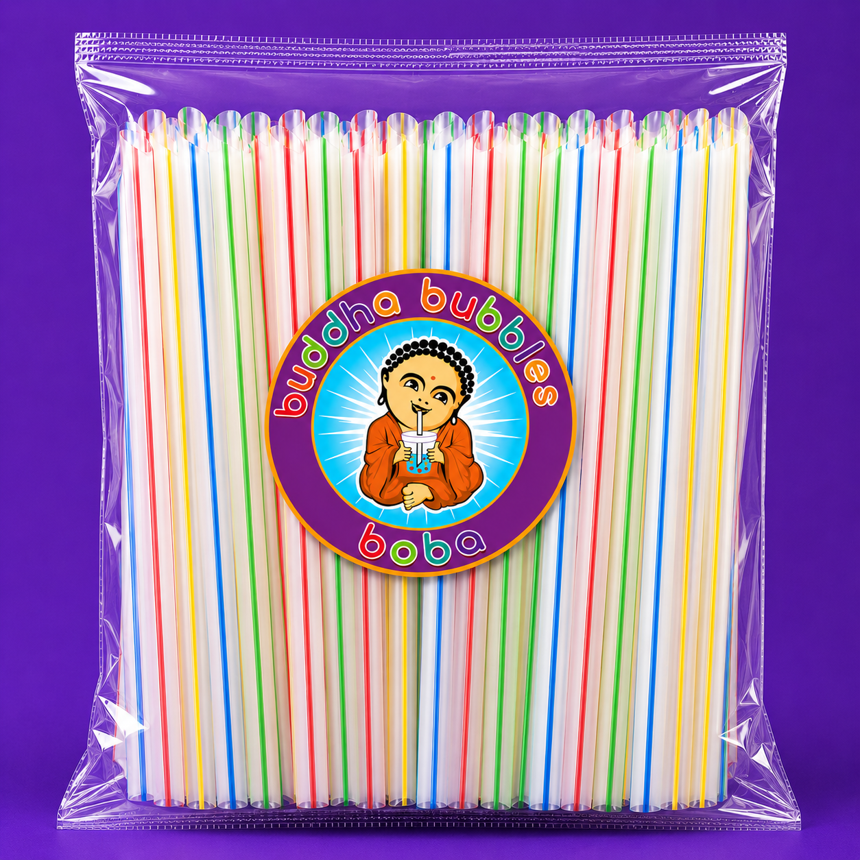 8" 50 pc Extra Wide Fat Drinking Straws Clear w/ Color Stripe Boba Bubble Tea