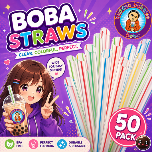 8" 50 pc Extra Wide Fat Drinking Straws Clear w/ Color Stripe Boba Bubble Tea