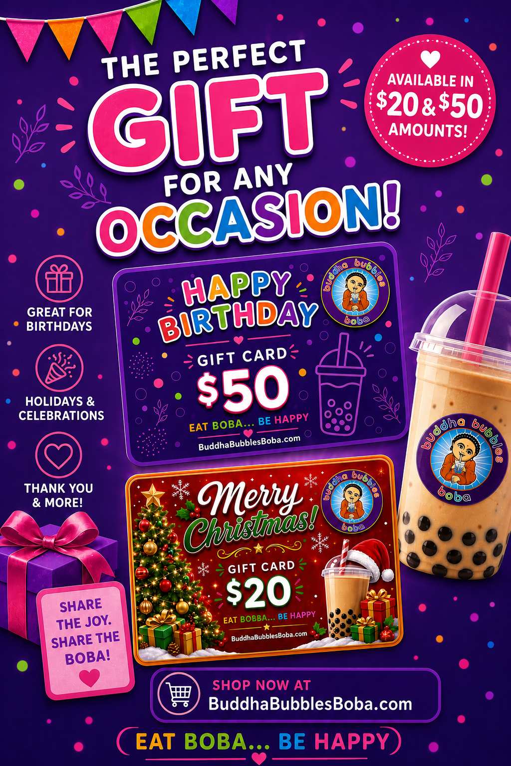 $100 A Perfect Gift for Everyone BUDDHA BUBBLES BOBA Gift Card