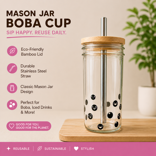 BLACK Cute Glass Mason Jar Boba Cup with Bamboo Lid and Eco Straw