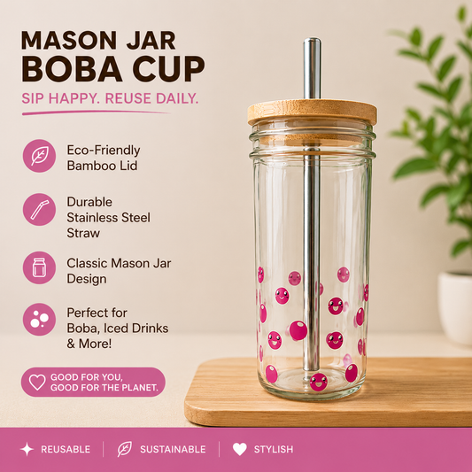 PINK Cute Glass Mason Jar Boba Cup with Bamboo Lid and Eco Straw