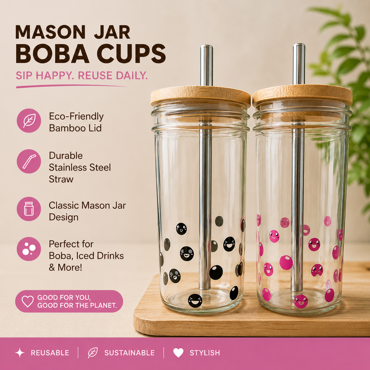 2 Cup Set Cute Glass Mason Jar Boba Cups Set with Bamboo Lids and Eco Straws