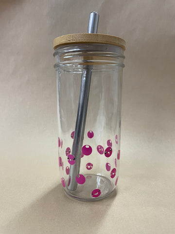 PINK Cute Glass Mason Jar Boba Cup with Bamboo Lid and Eco Straw