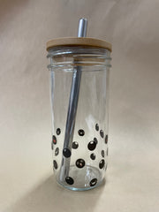 BLACK Cute Glass Mason Jar Boba Cup with Bamboo Lid and Eco Straw
