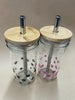2 Cup Set Cute Glass Mason Jar Boba Cups Set with Bamboo Lids and Eco Straws