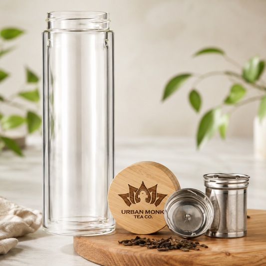 Tea Infuser Glass Water Bottle with Neoprene Sleeve and Bamboo Lid, Portable, To Go, Travel