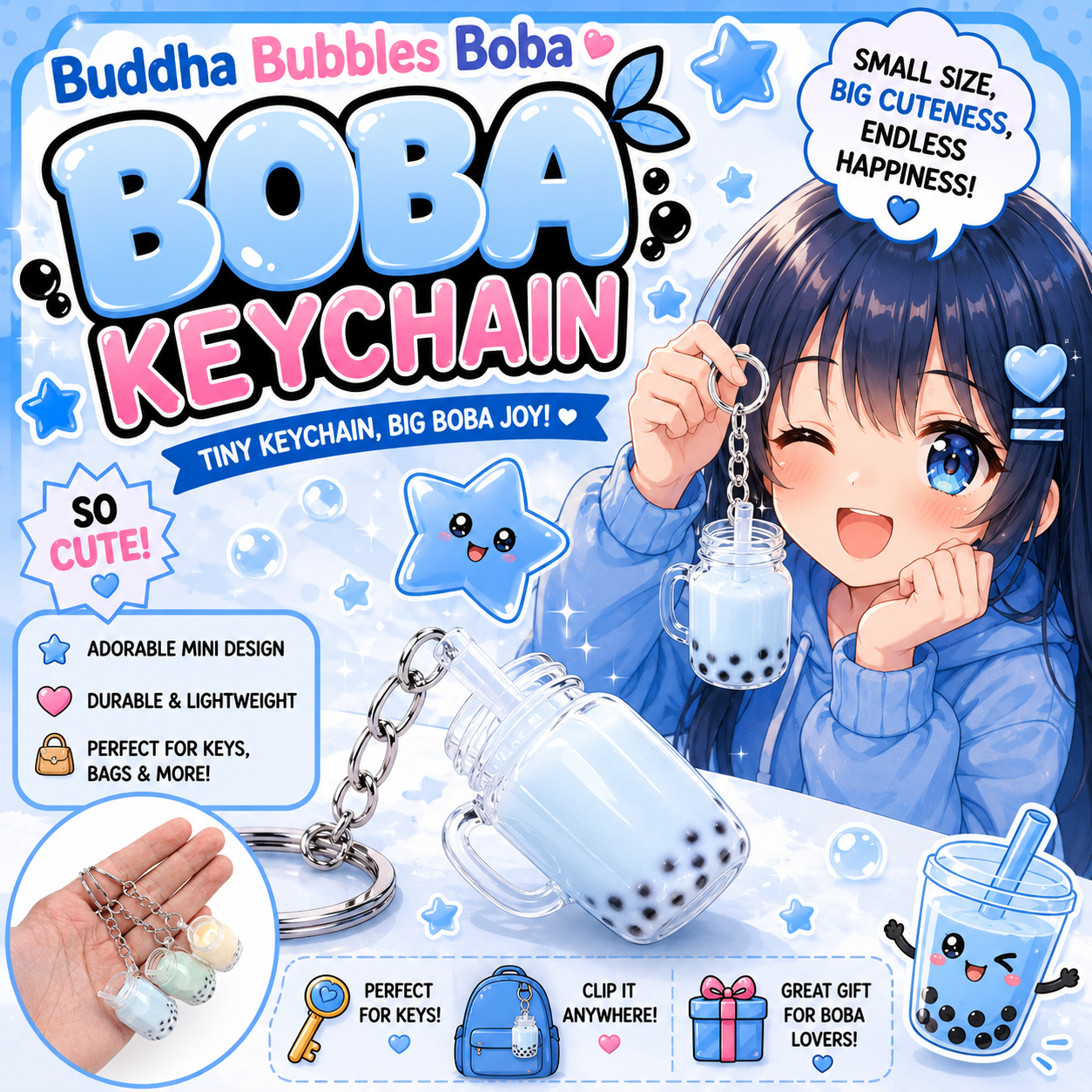 Set of 5 Boba / Bubble Tea Mason Jar Mug Kawaii Keychains / Keyrings by: Buddha Bubbles Boba