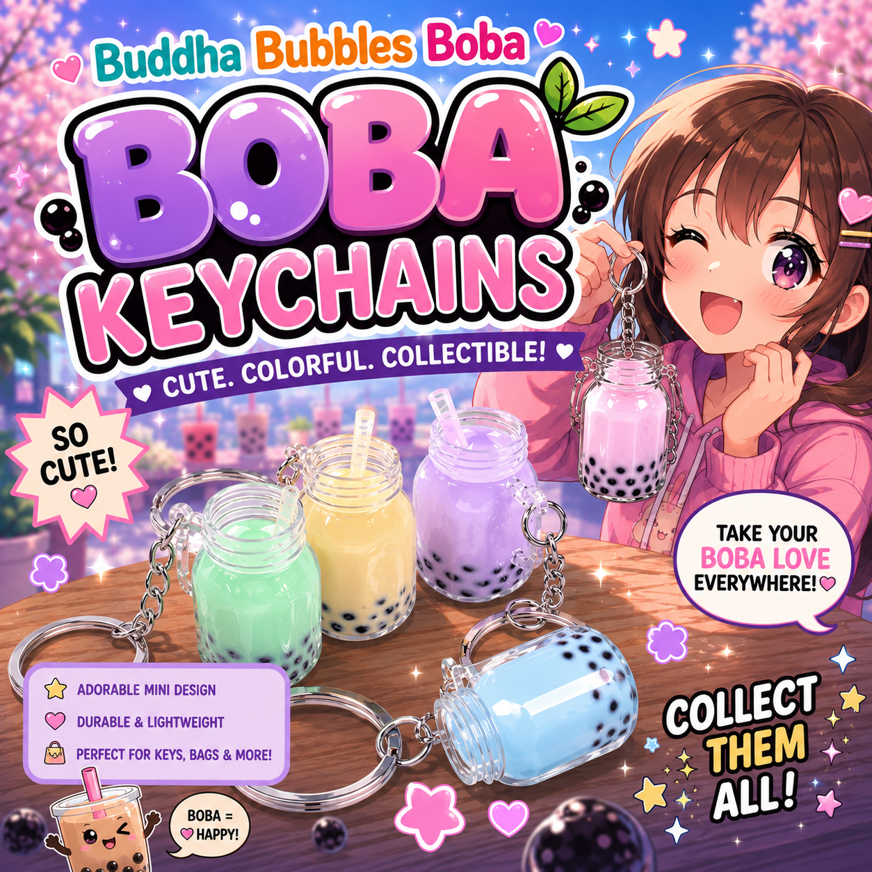 Set of 5 Boba / Bubble Tea Mason Jar Mug Kawaii Keychains / Keyrings by: Buddha Bubbles Boba