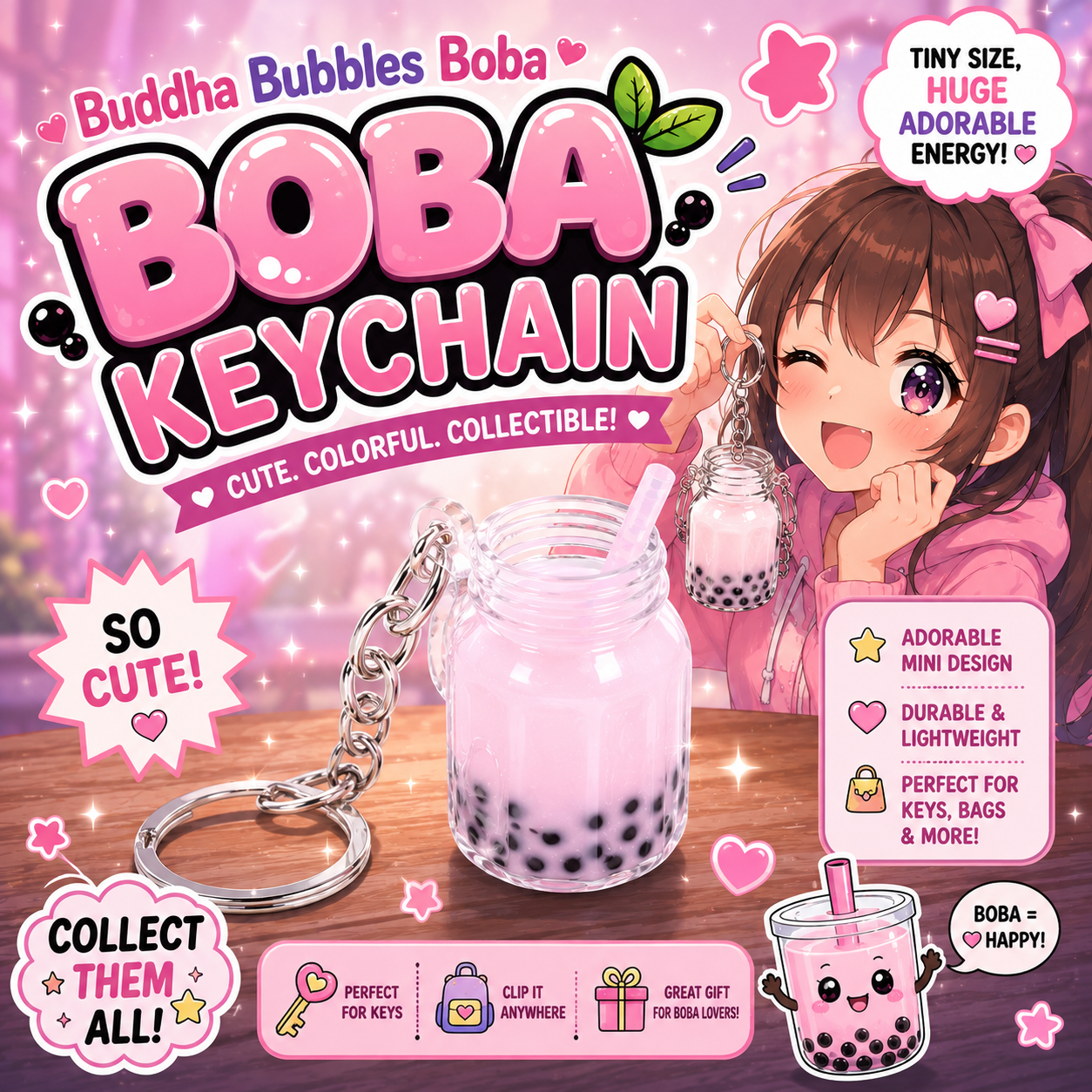 Set of 5 Boba / Bubble Tea Mason Jar Mug Kawaii Keychains / Keyrings by: Buddha Bubbles Boba