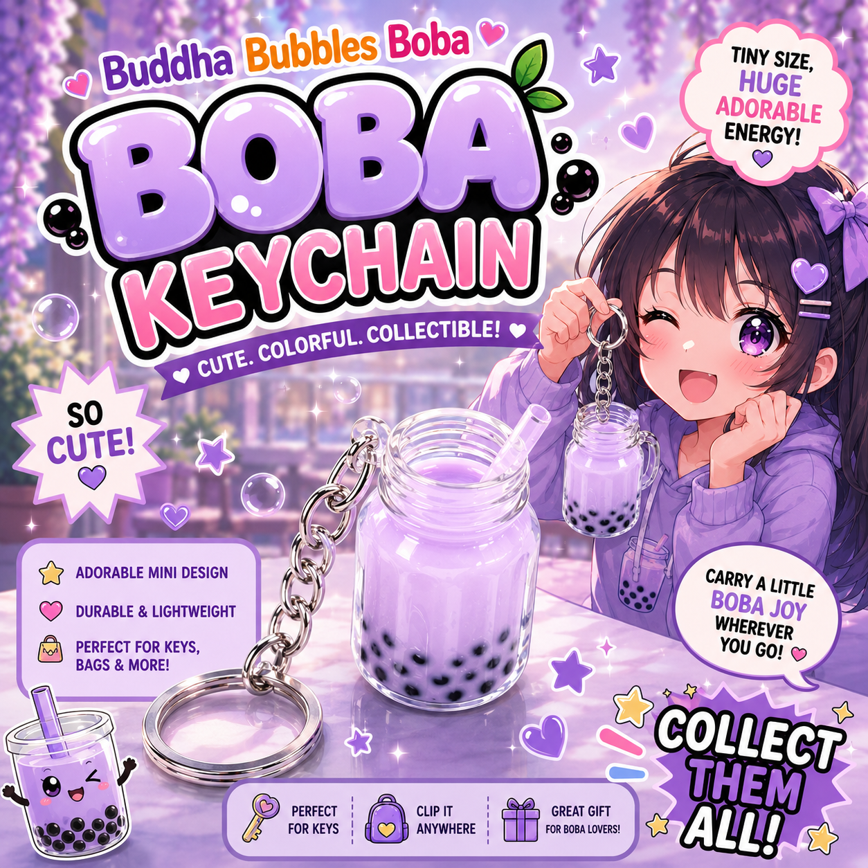 Set of 5 Boba / Bubble Tea Mason Jar Mug Kawaii Keychains / Keyrings by: Buddha Bubbles Boba