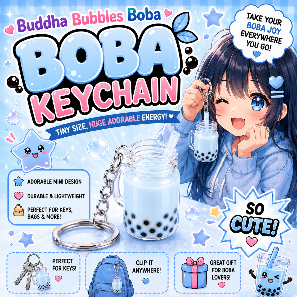BLUE Boba / Bubble Tea Mason Jar Mug Kawaii Keychain / Keyring by: Buddha Bubbles Boba