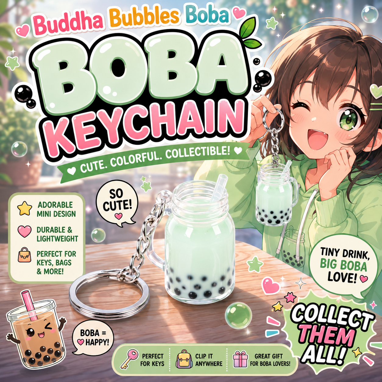HONEYDEW / MATCHA Boba / Bubble Tea Mason Jar Mug Kawaii Keychain / Keyring by: Buddha Bubbles Boba