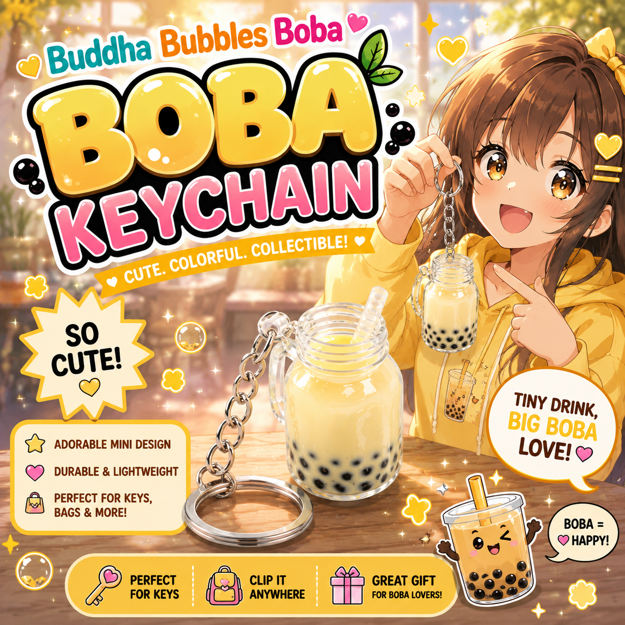 MANGO Boba / Bubble Tea Mason Jar Mug Kawaii Keychain / Keyring by: Buddha Bubbles Boba