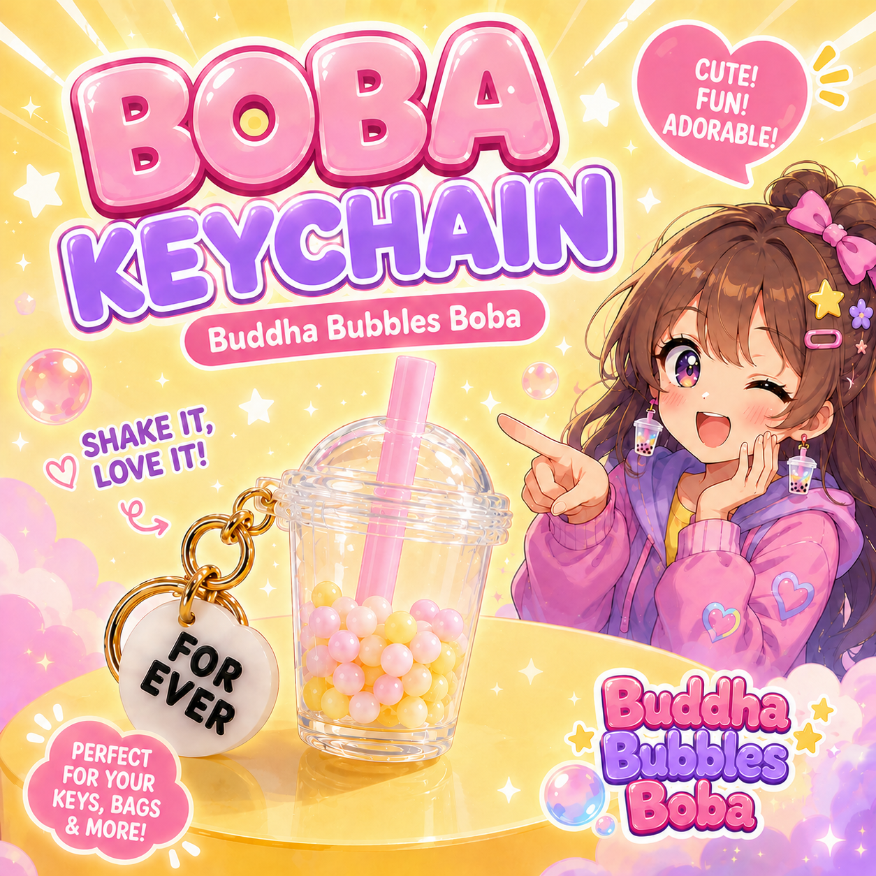 MANGO / Large Liquid Filled Kawaii Keychain with Charm & Heart Clasp Large Cup Measures 2 1/3"