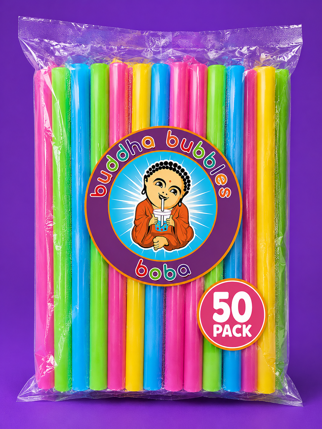 9" 50x Boba / Bubble Tea Fat Straw Solid Colors Mixed Individually Wrapped