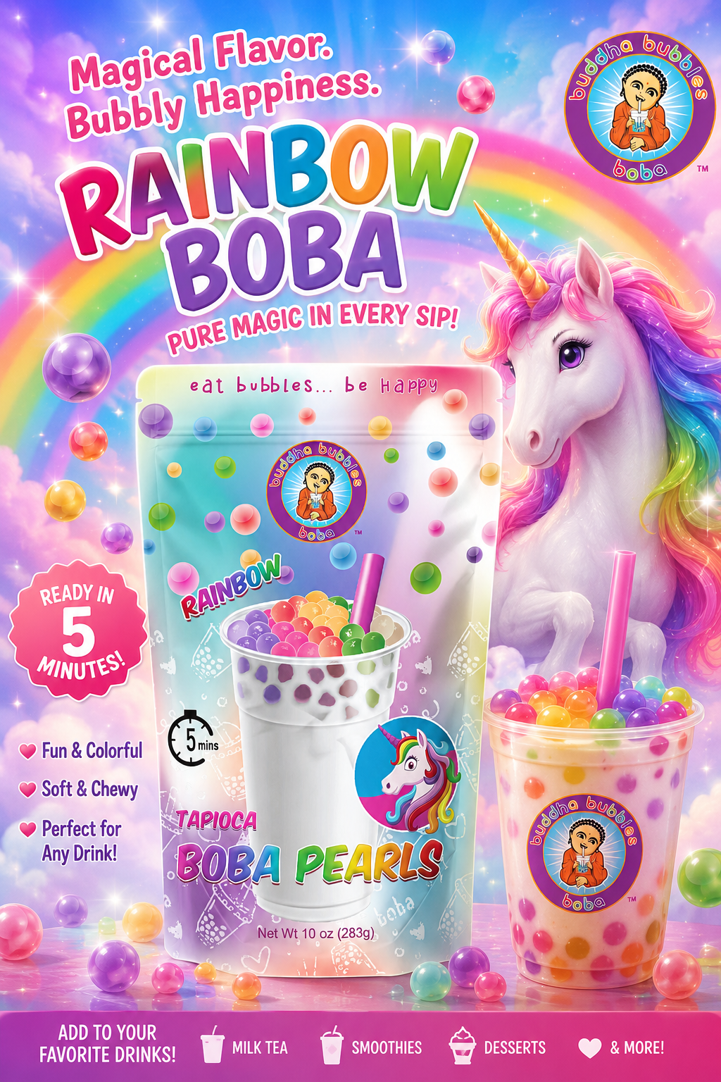 Premium RAINBOW Boba / Bubble Tea Tapioca Pearls Ready in 5 Minutes (1 Kilo / 2.2 Pounds)