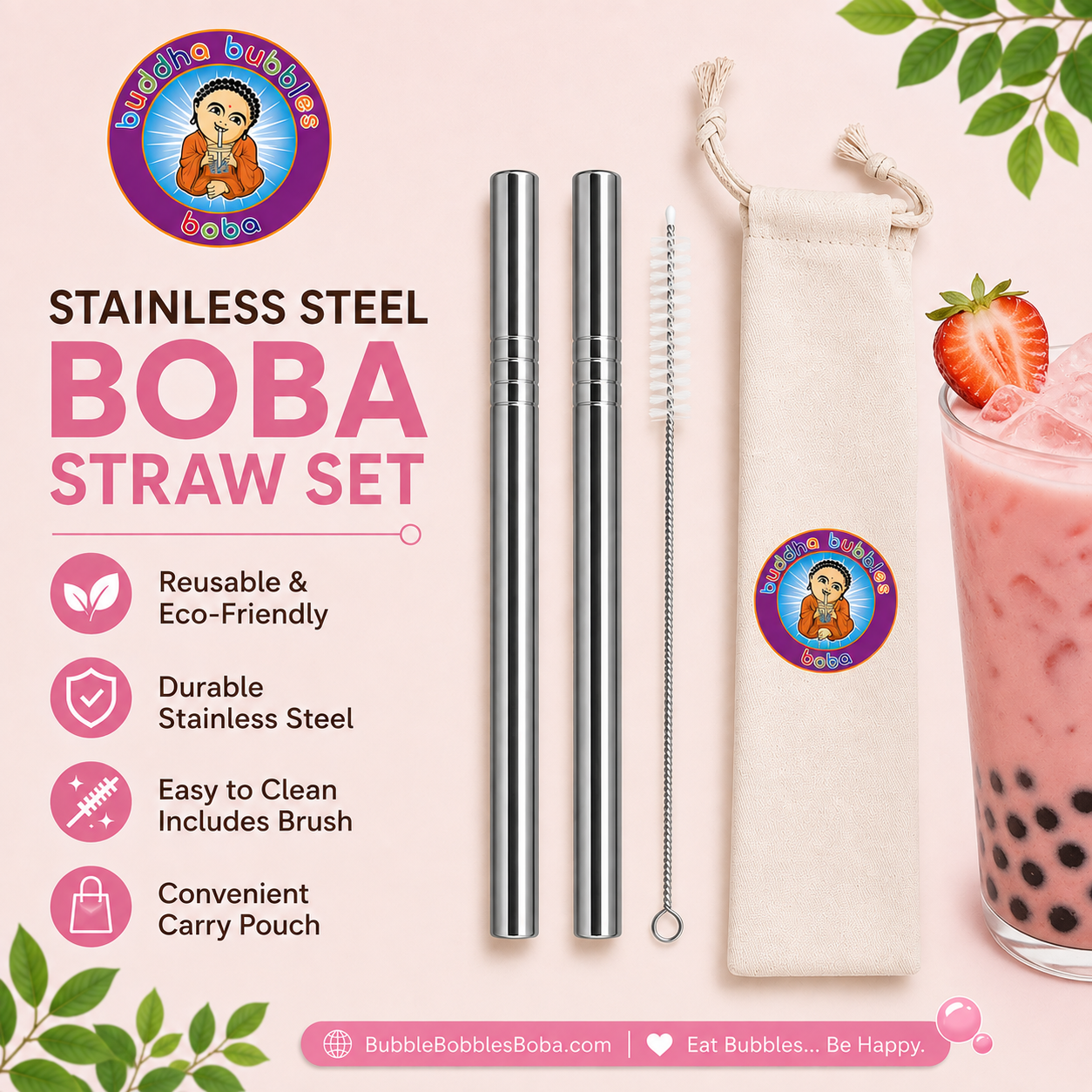 SILVER 4 Piece Set of Reusable Stainless Steel 2 Extra Wide / Boba Straw - 1 Brush 1 Cloth Bag by Buddha Bubbles Boba