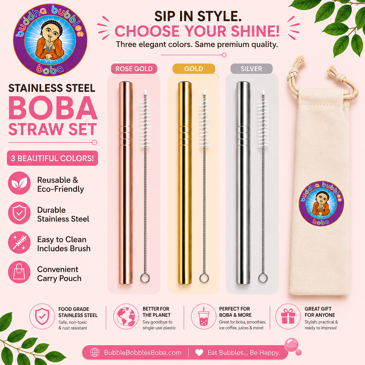 ROSE GOLD 4 Piece Set of Reusable Rose Gold Stainless Steel 2 Extra Wide / Boba Straw - 1 Brush 1 Cloth Bag by Buddha Bubbles Boba