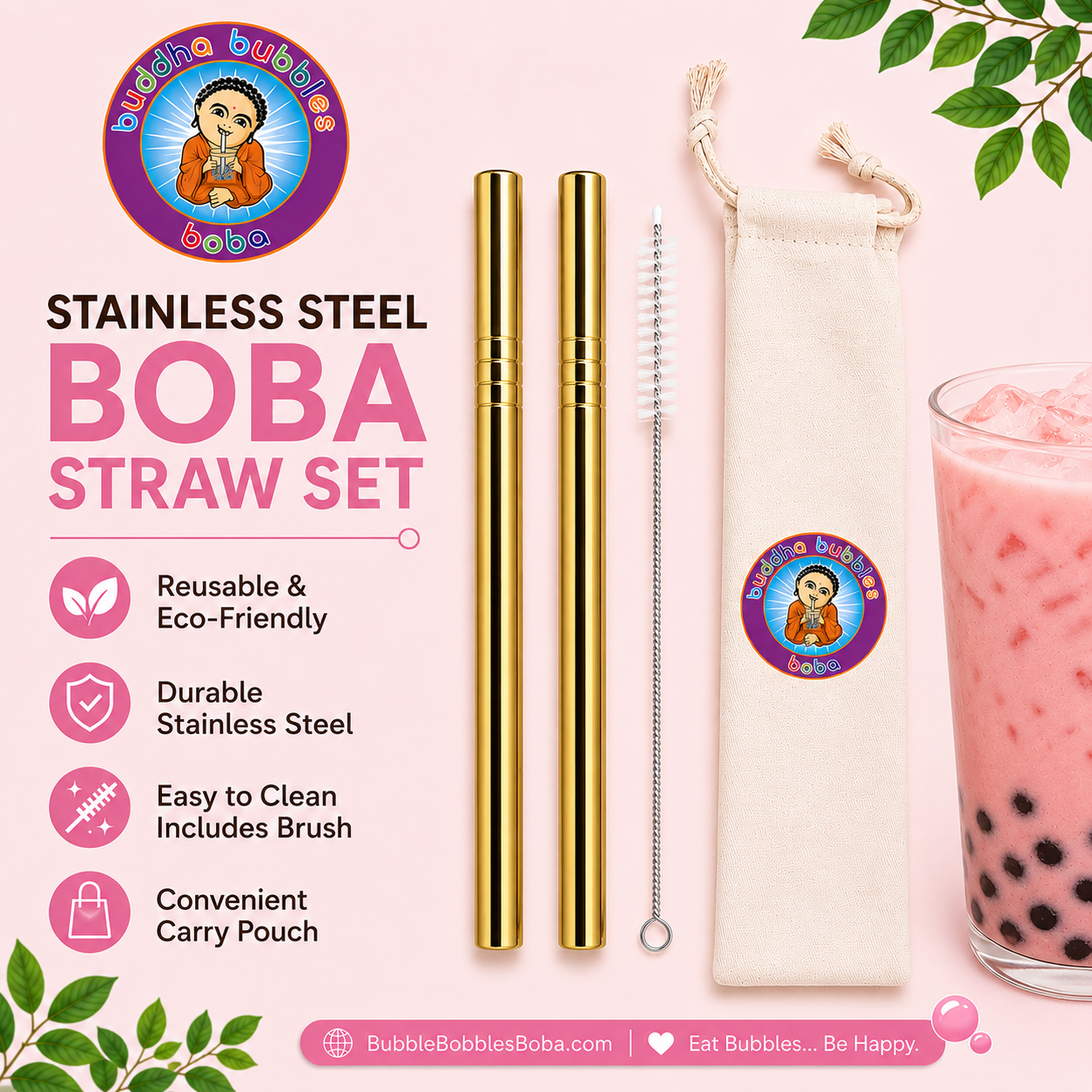 GOLD 4 Piece Set of Reusable Gold Tone Stainless Steel 2 Extra Wide / Boba Straw - 1 Brush 1 Cloth Bag by Buddha Bubbles Boba