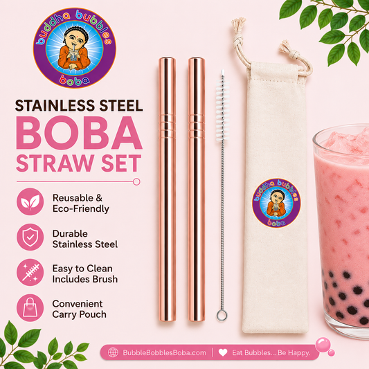 ROSE GOLD 4 Piece Set of Reusable Rose Gold Stainless Steel 2 Extra Wide / Boba Straw - 1 Brush 1 Cloth Bag by Buddha Bubbles Boba