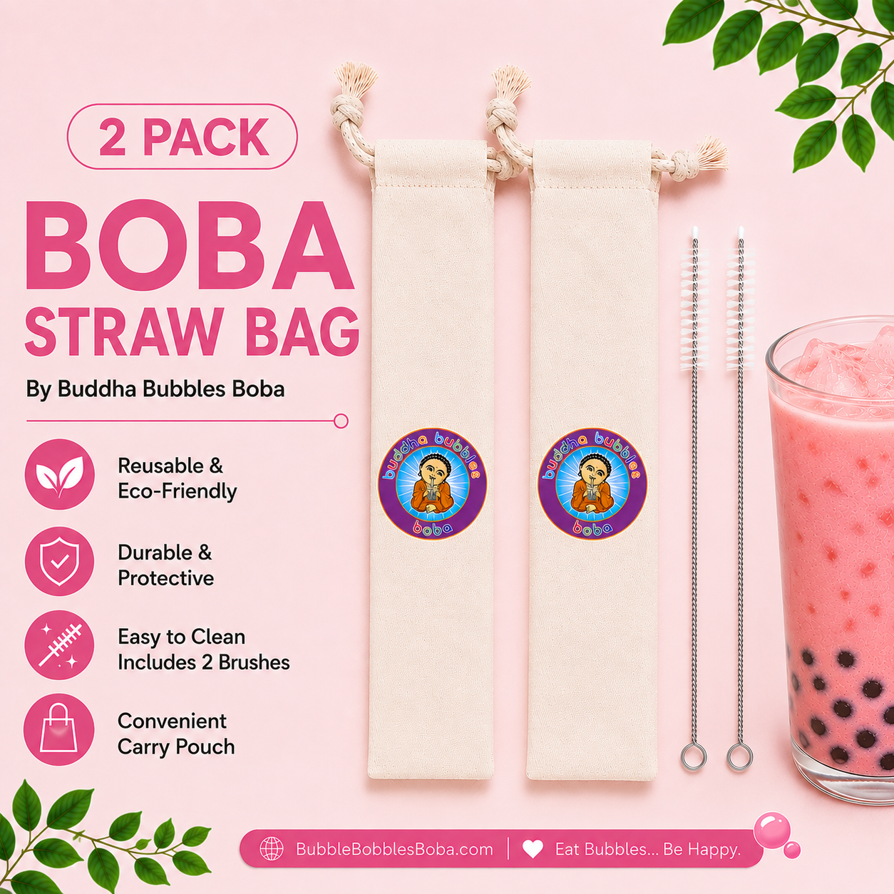 2 Pack Boba Straw Bag with Cleaning Brushes