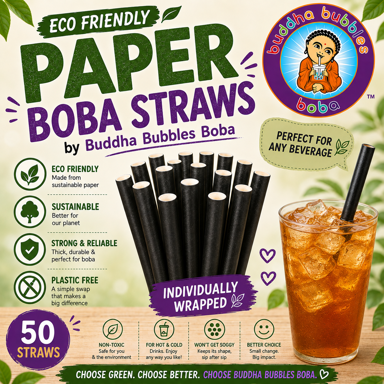 Paper Boba / Bubble Tea Fat Straw 50 per Pack 8" Black