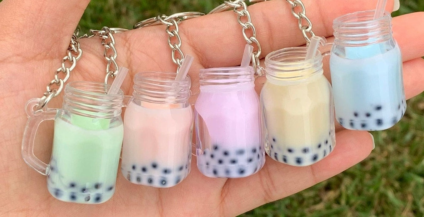 BLUE Boba / Bubble Tea Mason Jar Mug Kawaii Keychain / Keyring by: Buddha Bubbles Boba