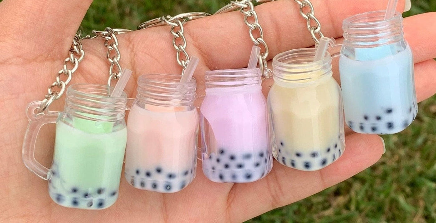 PINK Boba / Bubble Tea Mason Jar Mug Kawaii Keychain / Keyring by: Buddha Bubbles Boba