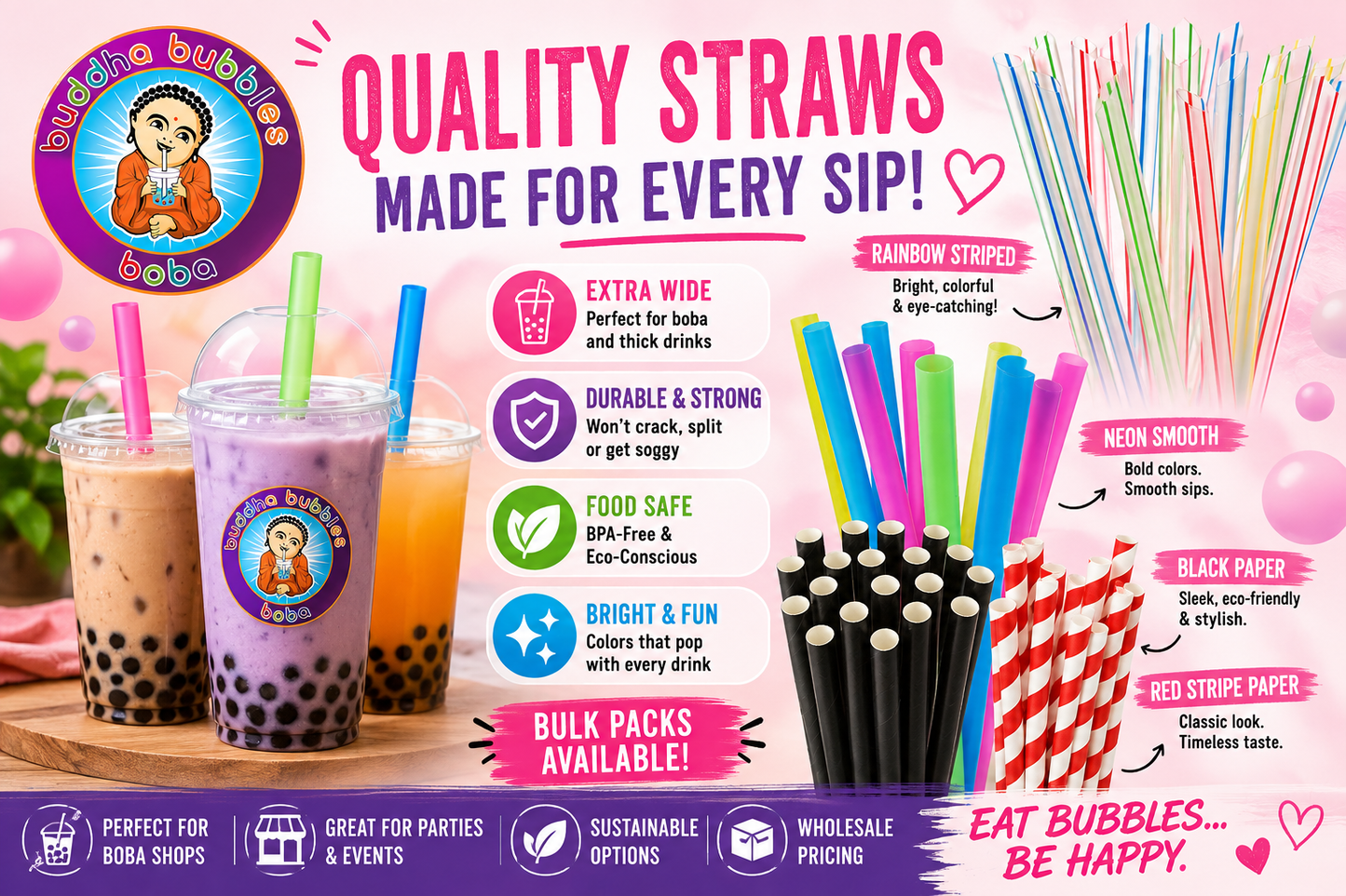 8" 50 pc Extra Wide Fat Drinking Straws Clear w/ Color Stripe Boba Bubble Tea