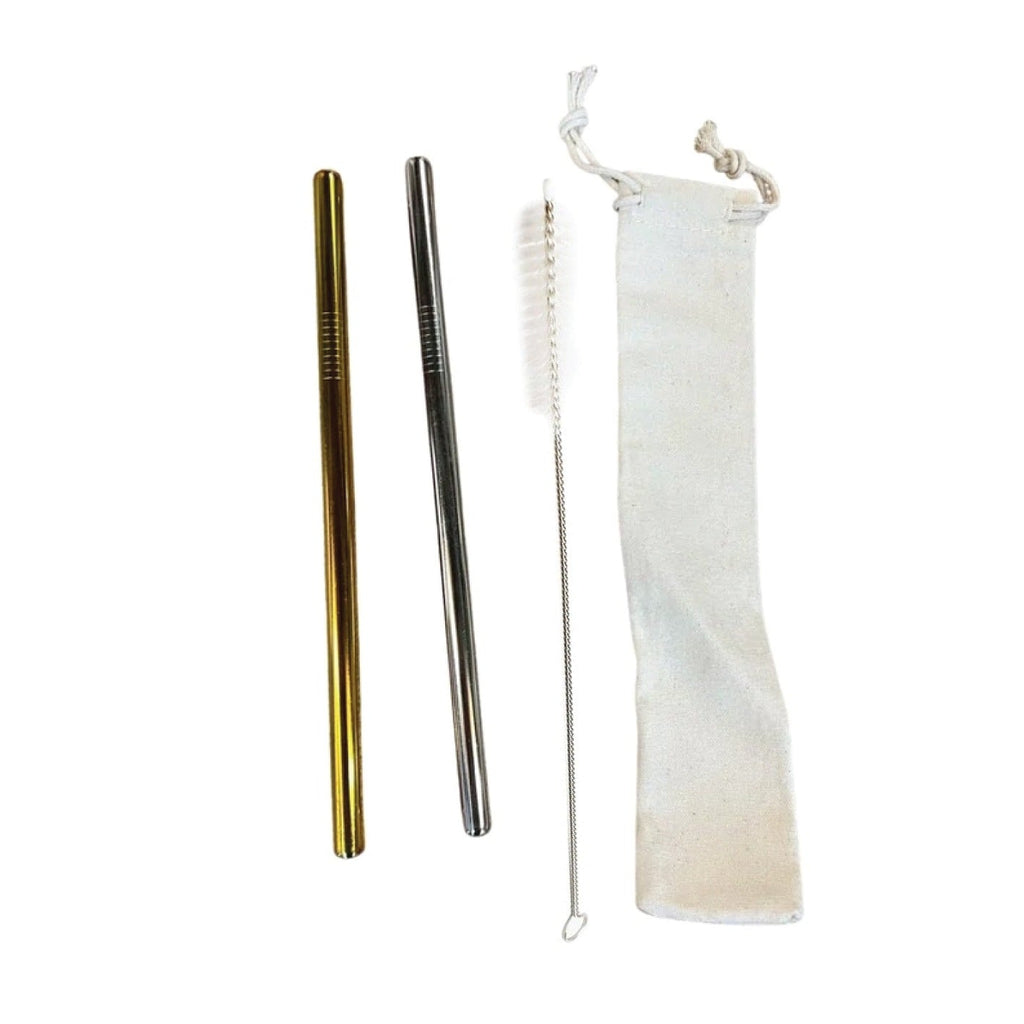 GOLD 4 Piece Set of Reusable Gold Tone Stainless Steel 2 Extra Wide / Boba Straw - 1 Brush 1 Cloth Bag by Buddha Bubbles Boba