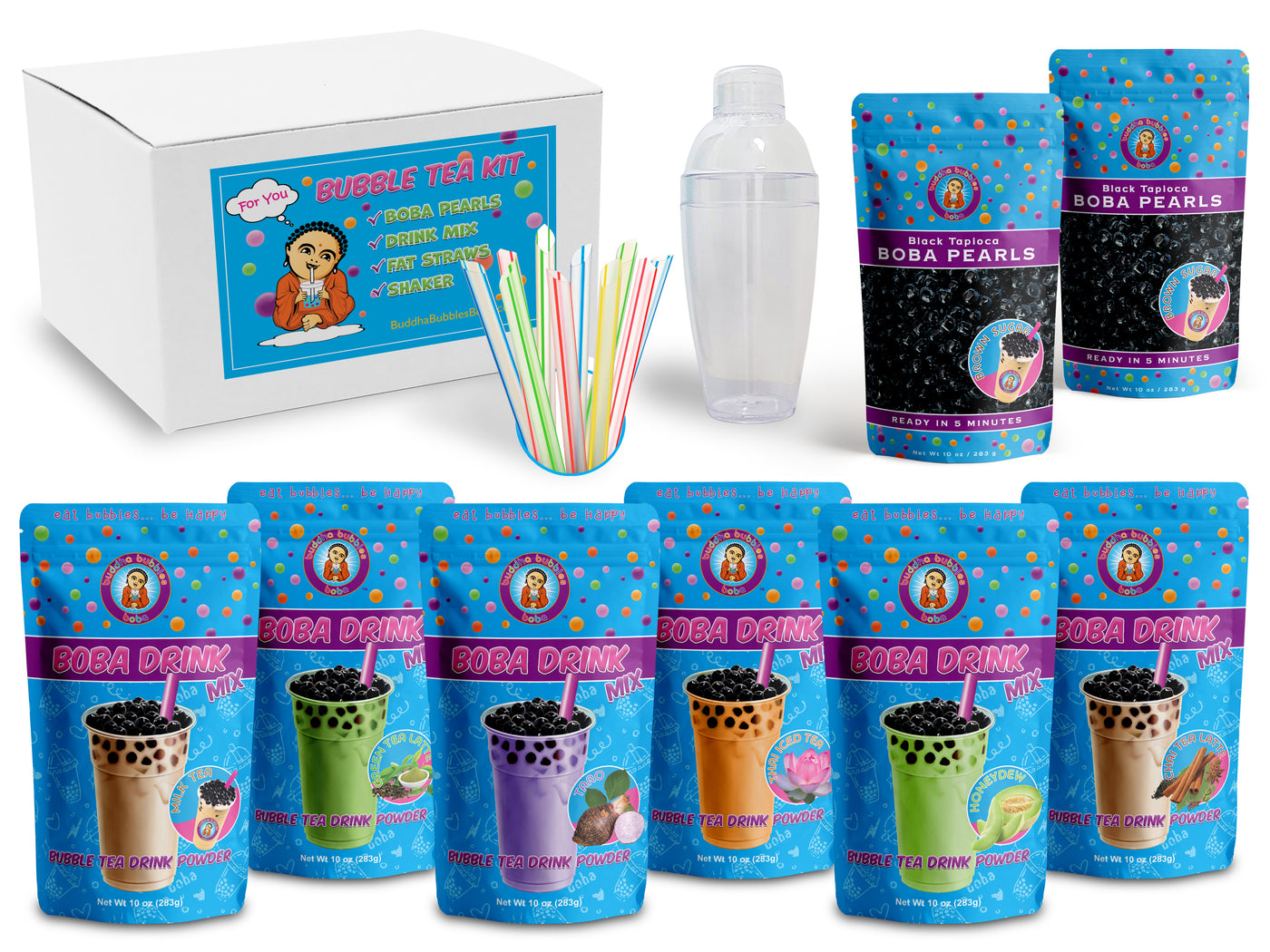 The Only CUSTOM DIY Boba / Bubble Tea Party Kit Gift Box 6 Flavors, Tapioca Boba Pearls, Straws and Shaker (CUSTOM)