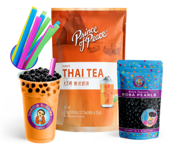 Thai Tea DIY Boba / Bubble Tea Kit, 12x Flavor Packs, 10 oz Boba Pearls, 10x Fat Straws